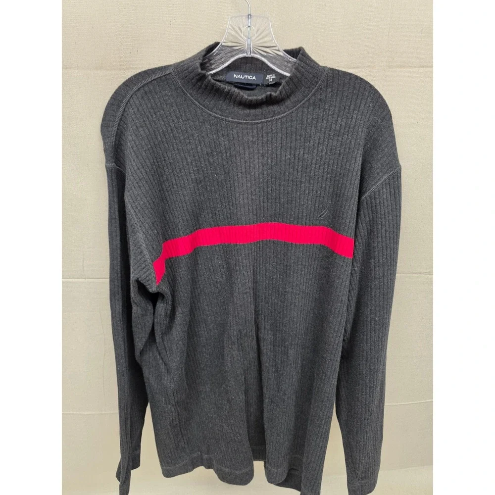 Nautica‎ Mens Ribbed Mock Neck Sweater Charcoal Gray Red Stripe Size M